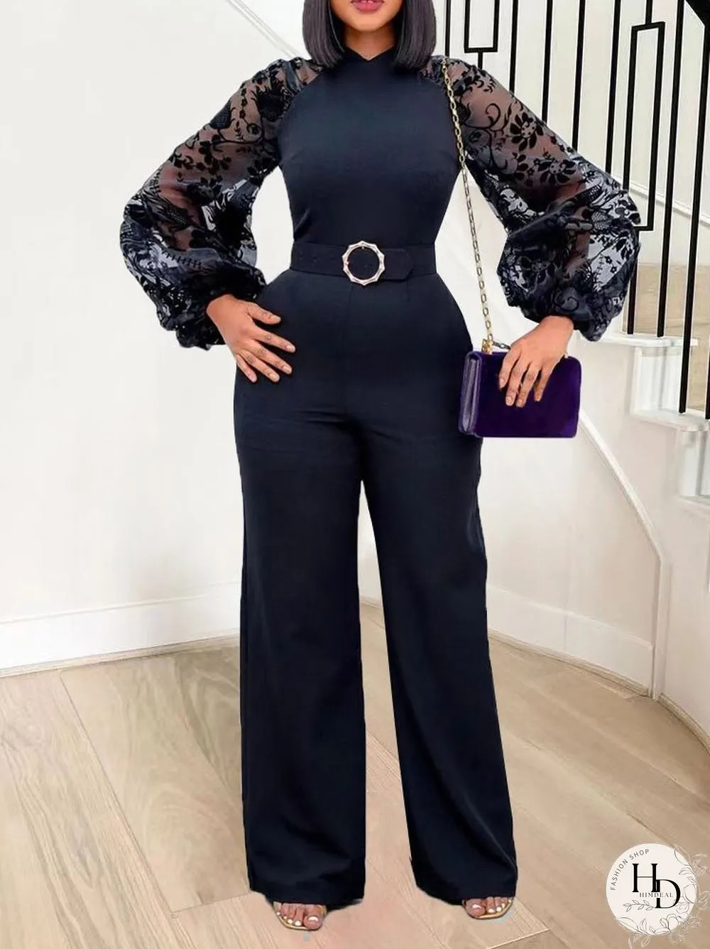 Women'S Jumpsuits Mesh Balloon Sleeve Slim Fit Wide-Leg Jumpsuit