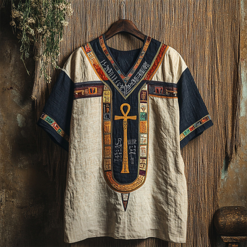 Vintage Egyptian Ankh Embroidered Contrast Linen Shirt