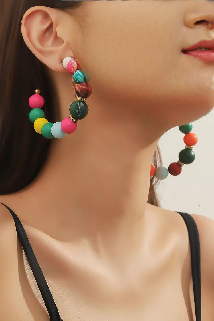 Festival Rainbow Wooden Beaded C-Shaped Earrings 2024 - Xpluswear