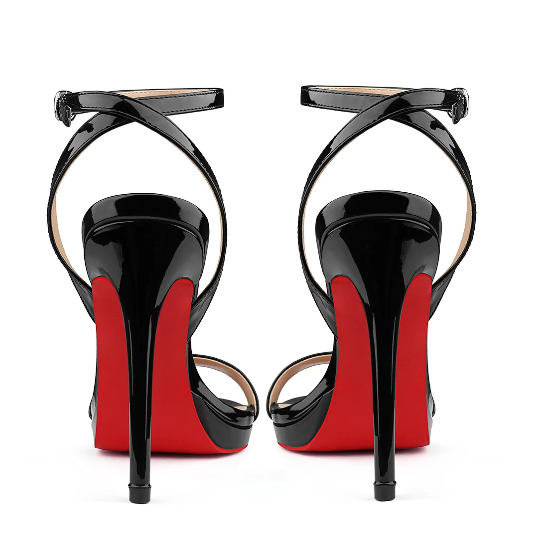 120mm Women's Low Platform Sandals Round Open Toe Red Bottom Ankle Straps Pumps-MERUMOTE