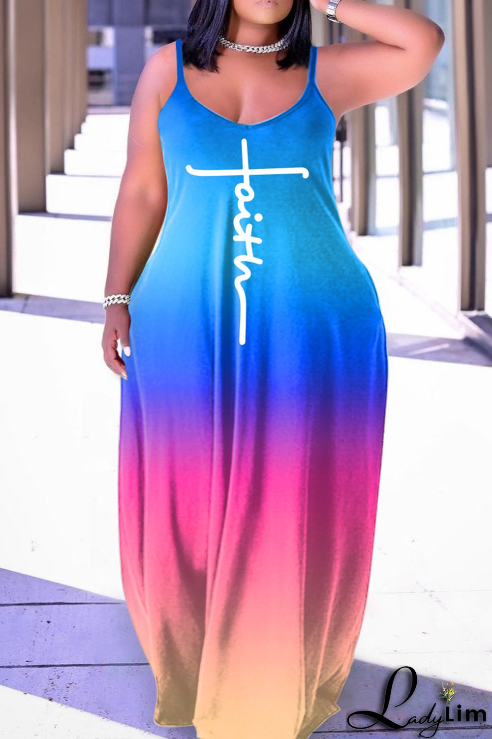 Sky Blue Sexy Casual Print Backless Spaghetti Strap Long Dress Dresses