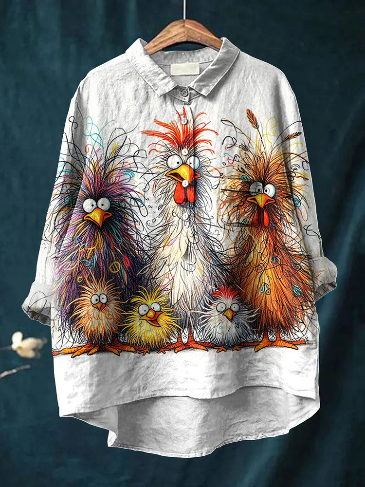 Womens  Chicken Famliy Art Print Casual Cotton And Linen Shirt
