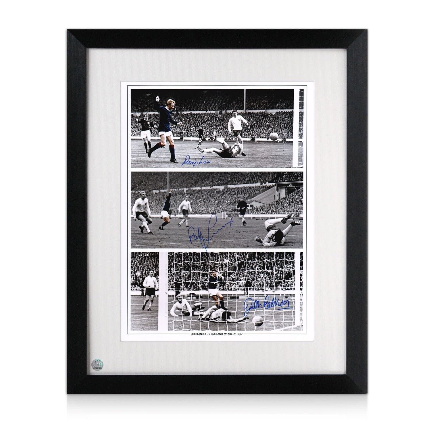 Scotland Photo Poster painting Signed By Denis Law, Bobby Lennox And Jim McCalliog. Framed