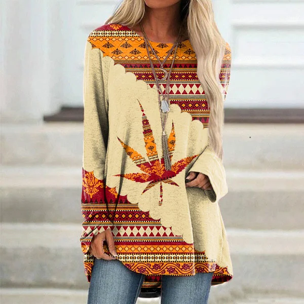 Long Sleeve Totem Patchwork Leaf Print Tunic