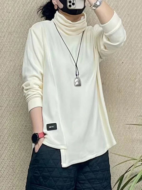 Asymmetric Solid Color Long Sleeves Loose High Neck T-Shirts Tops