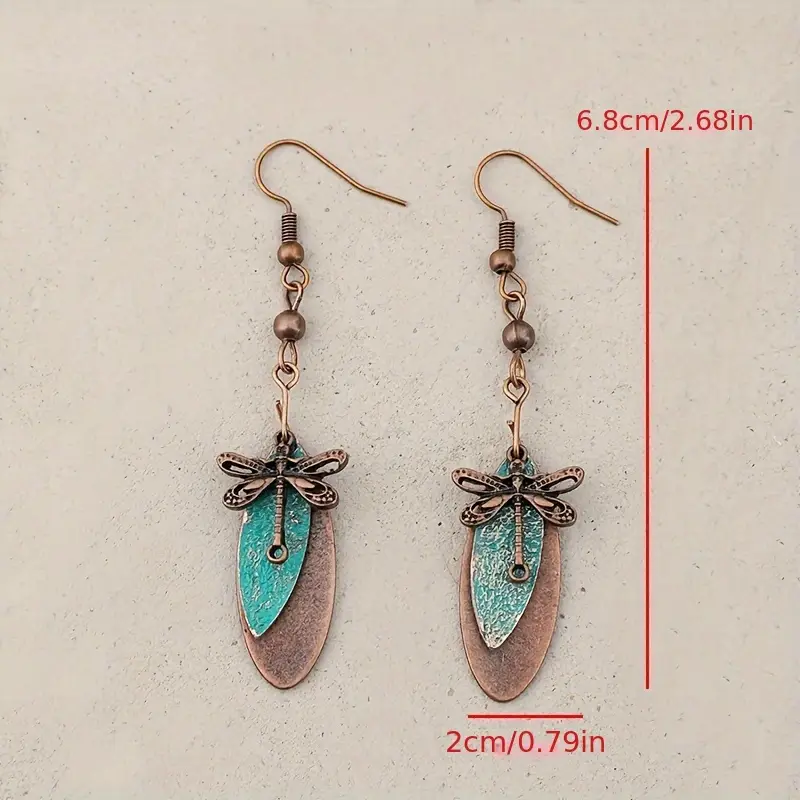 pair of vintage bohemian dragonfly dangle earrings teal green irregular stone with antique bronze alloy for casual attire dragonfly jewelry 5