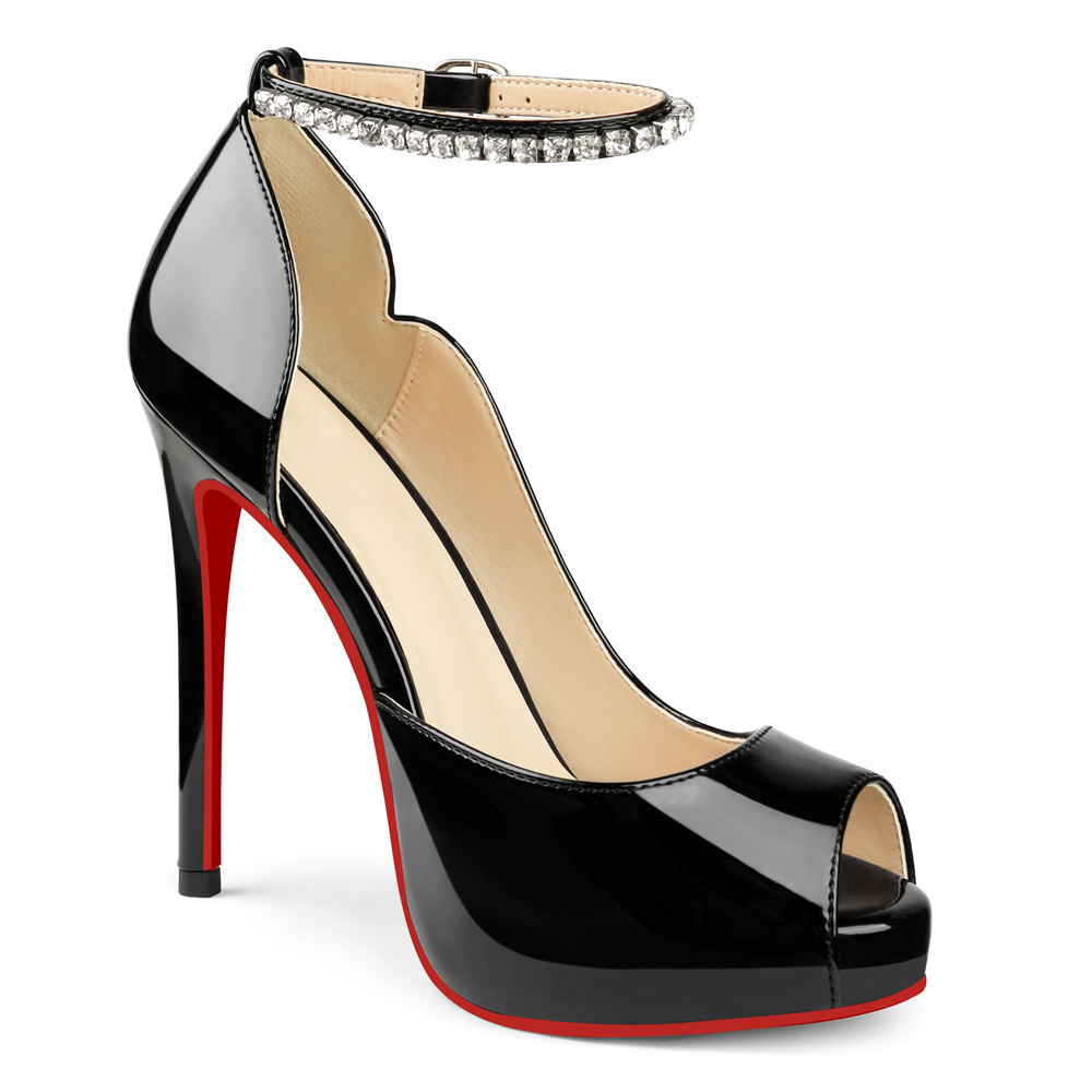 120mm Red Bottom Elastic Strap Slingback Sandals Peep Toe Platform Stilettos Black Patent Heels-MERUMOTE