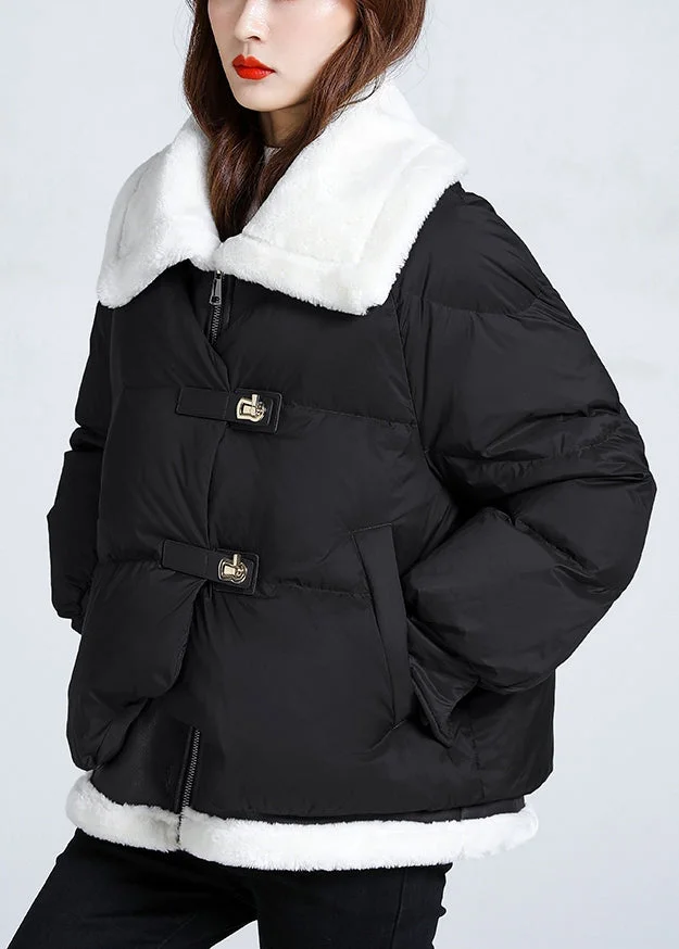 Plus Size Black Pockets Patchwork Fine Cotton Filled Puffers Jackets Winter