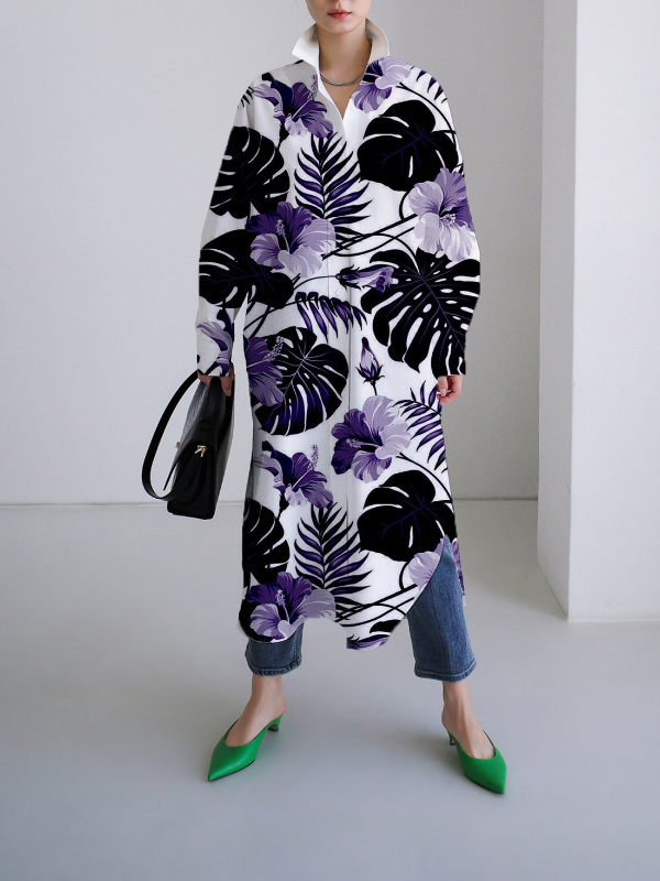 Printing Loose Long-Sleeved Shirt Maxi Dress