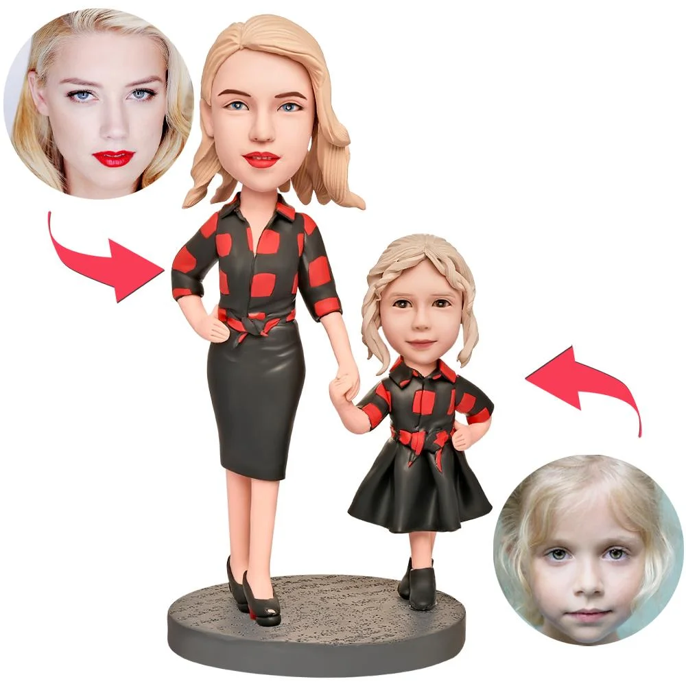 Mothers Day Gift Mother and daughter in Plaid Custom Bobblehead with Engraved Text