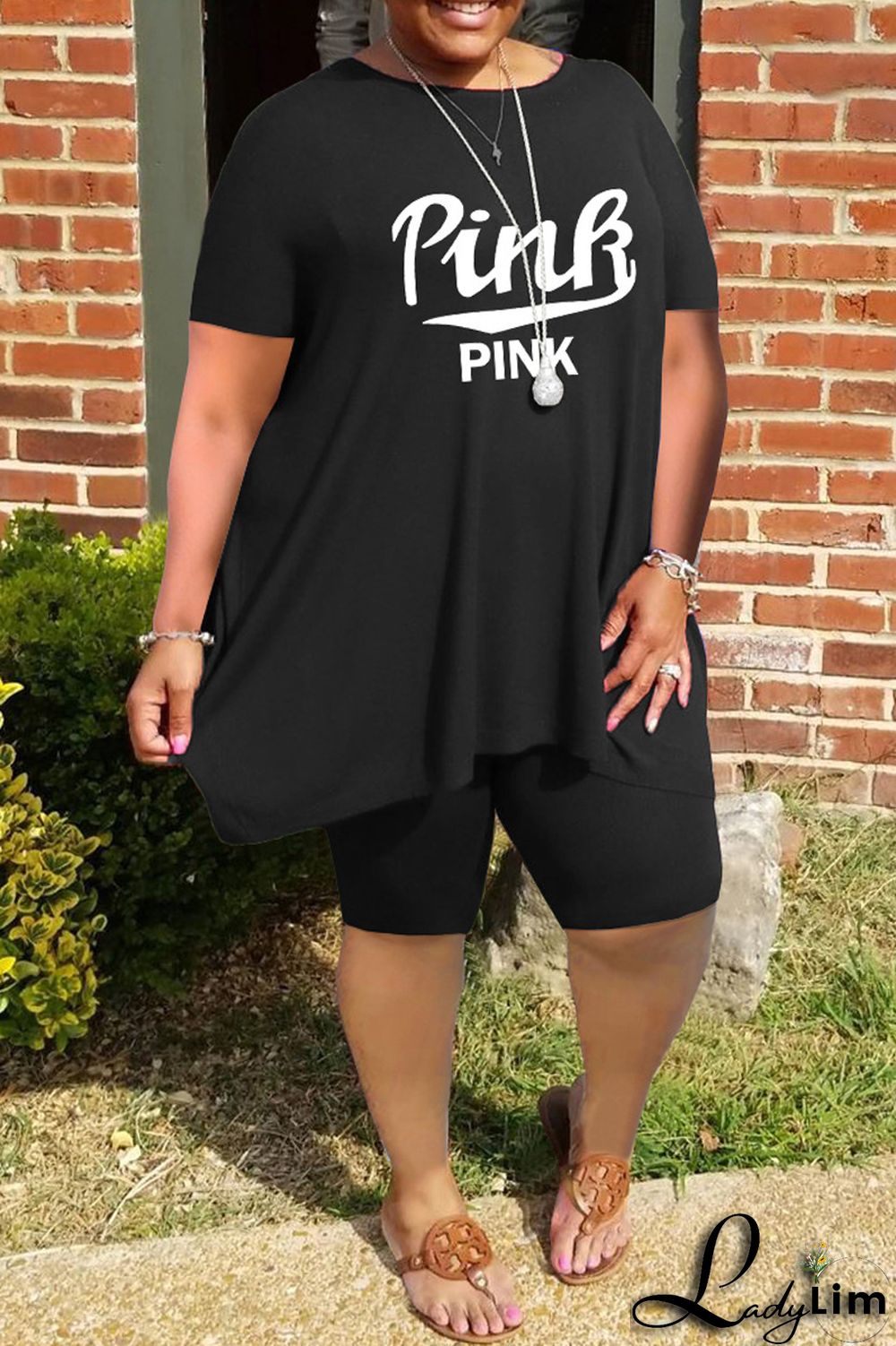 Grey Fashion Casual Letter Print Basic O Neck Plus Size Two Pieces