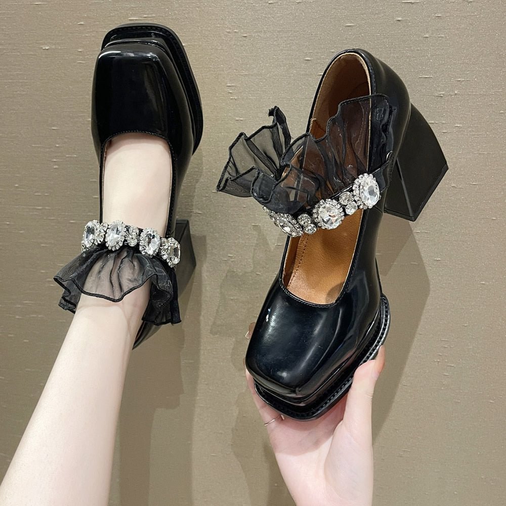 platform heels Pumps chunky shoes Mary Jane Heels Shoes Women Square Toe Chunky Platform Pumps Women One Strap Buckle Rhinestone