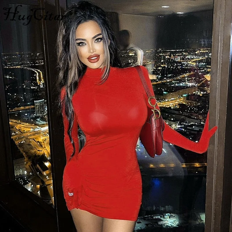 Hugcitar 2021 Women Fall Fashion Bodycon Folds Pure Color Long Sleeves With Gloves Mini Dress Female Clothing Streetwear Y2K