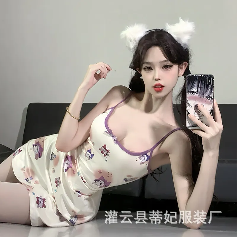 Churchf Night Swear Ti Ti Ti's Big-Size Cat Prints Slimmed-Up Dress Sweet Bow Sling Skirt Sexy Waist Girl