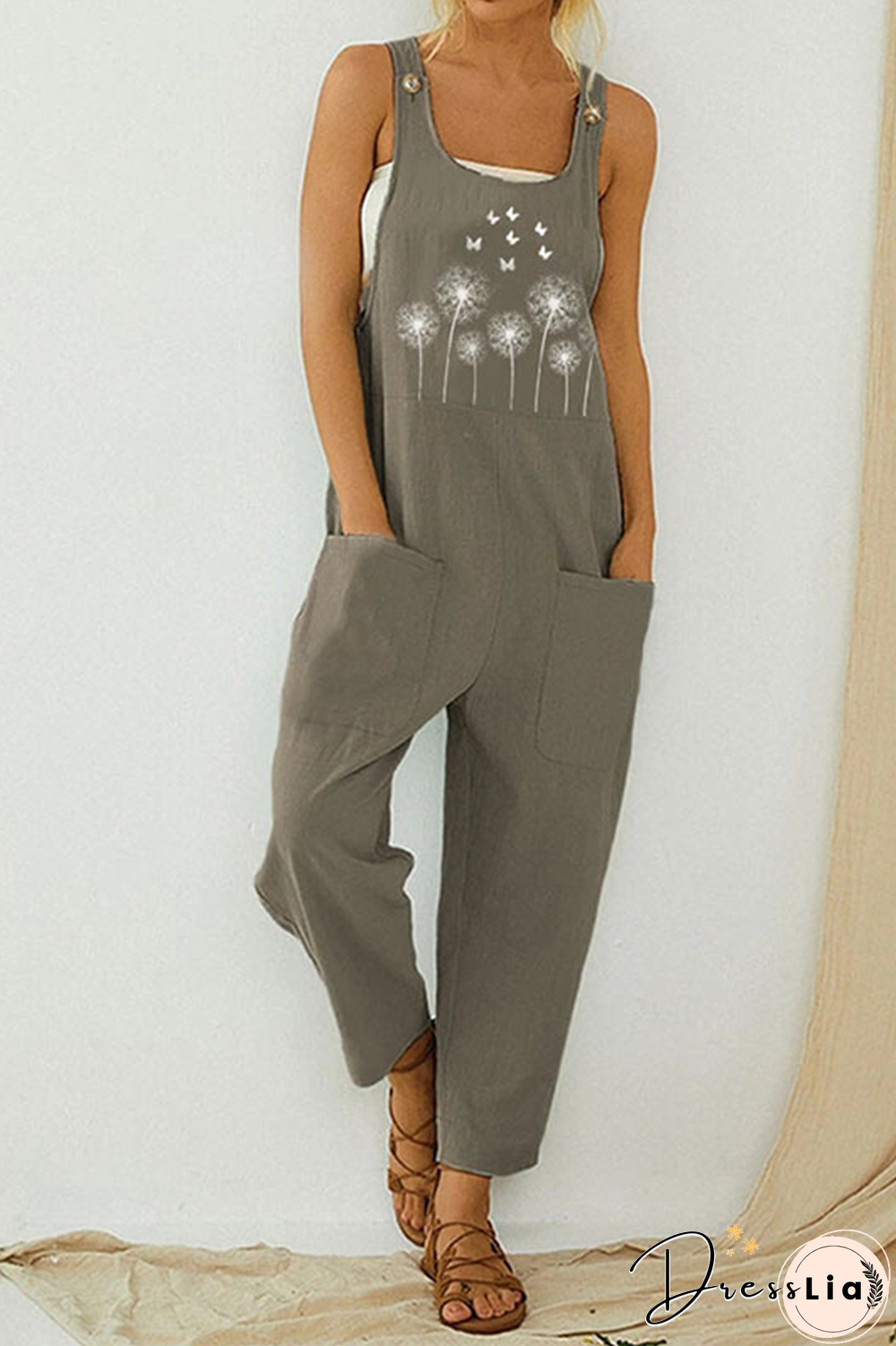 Casual Print Pocket Buttons U Neck Straight Jumpsuits