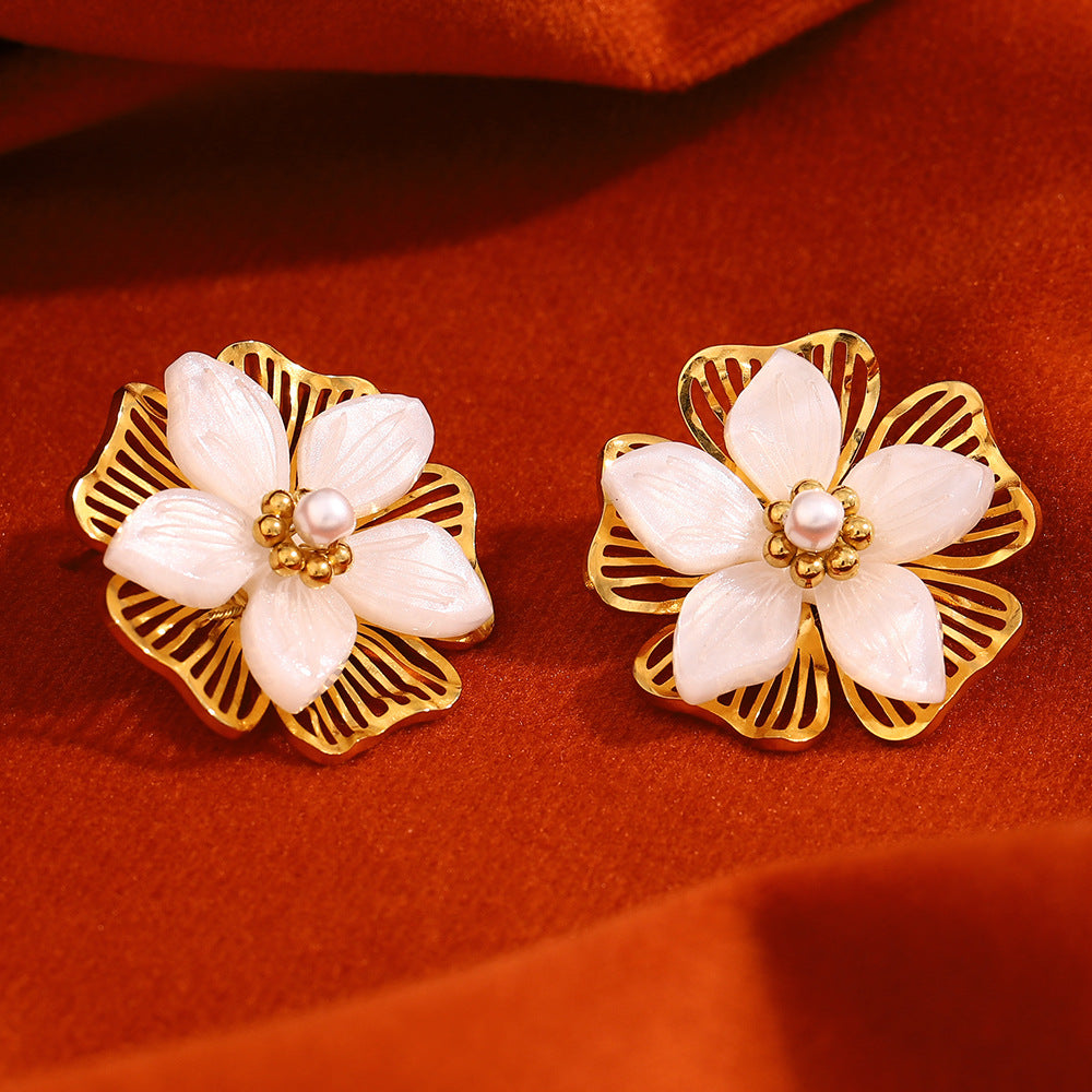 Retro And Fashionable Earrings Stainless Steel 18K Gold Plated Shell Flower Double-Layer Earrings
