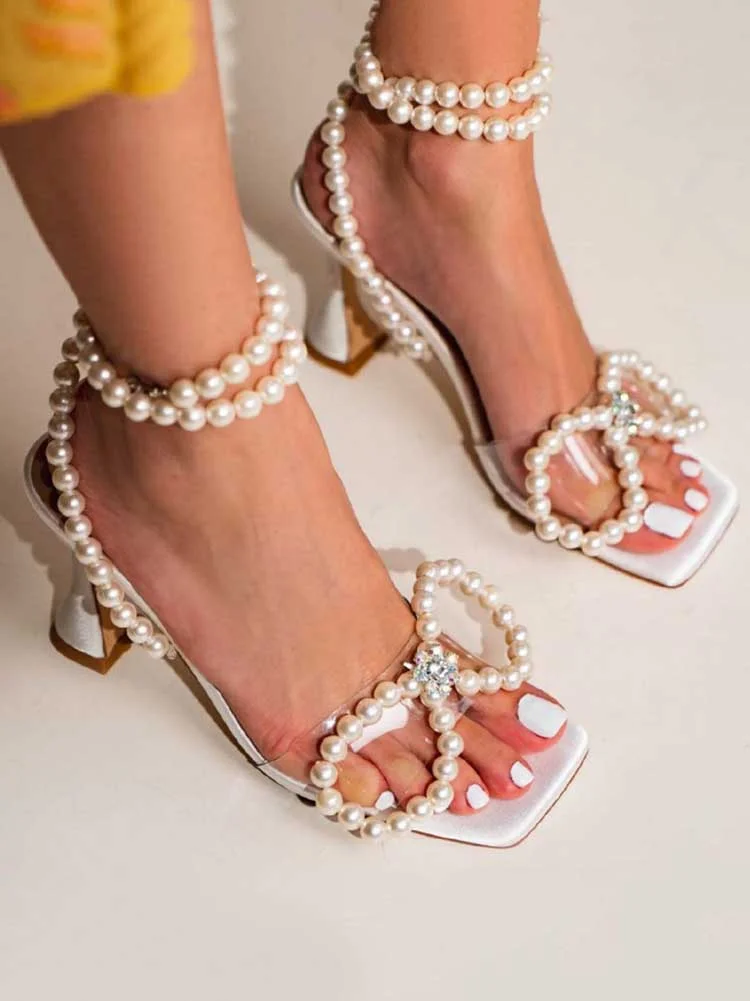 Elegant Square Toe Pearl Bow Heels Radinnoo.com