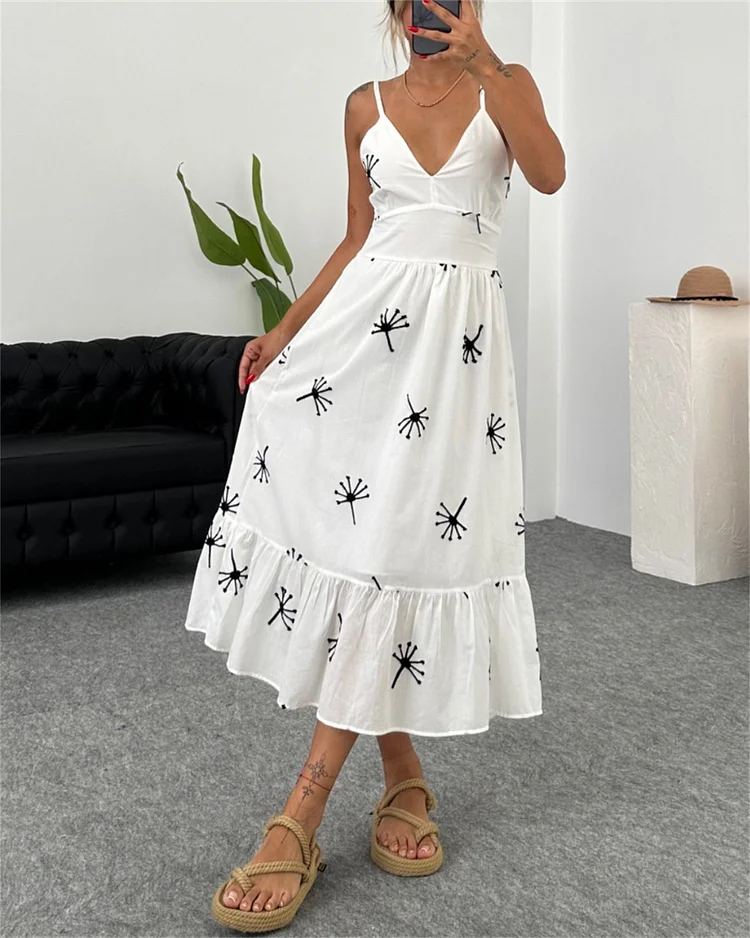 Casual V-neck Strap Print Dress