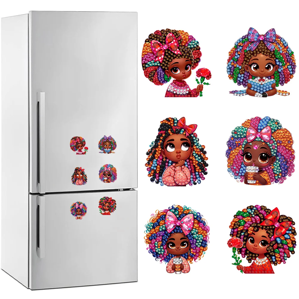 6Pcs DIY Curly-Haired Girl Acrylic Special Shape Diamond Painting Fridge Magnet