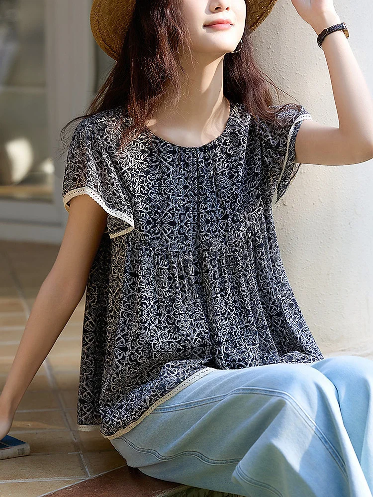 Athvotar Athvotar The Age Of Small Broken Flowers Leaves Side Short Sleeve Dolls Holiday Chindal Shirt Women Summer Belly Cover Tops High-End Shirt