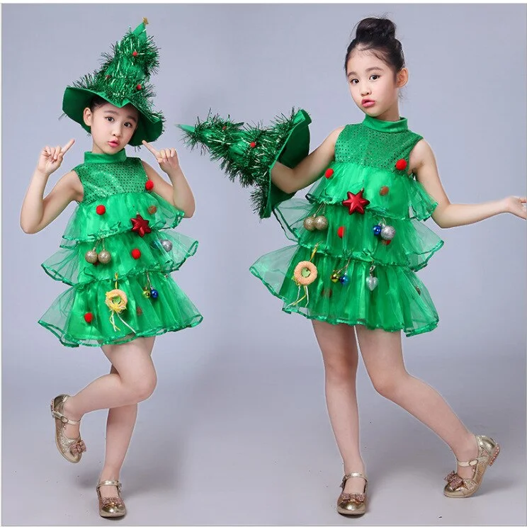 Christmas Tree Costume Outfits for Kids Hat Dress with Chirstmas Ornaments for Kids-elleschic