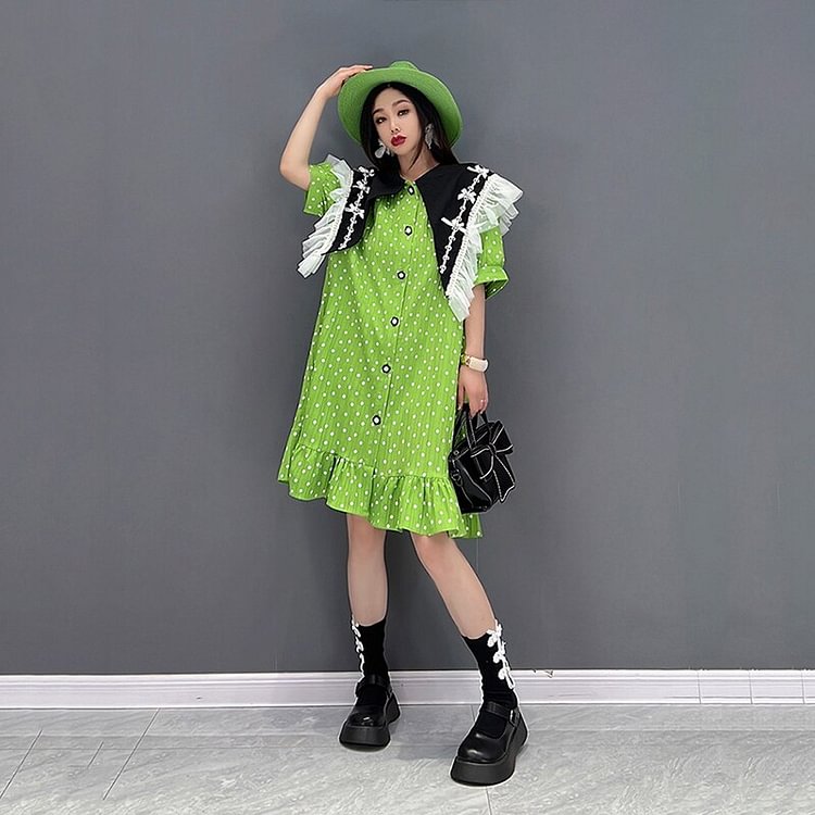 Fashion Contrast Color Big Peter Pan Collar Dot Splicing Single Breasted Dress       