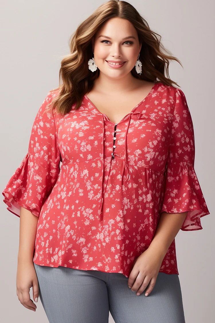Flycurvy Plus Size Everyday Red Ditsy Floral Print Ruched Flare Sleeve Blouse  Flycurvy [product_label]