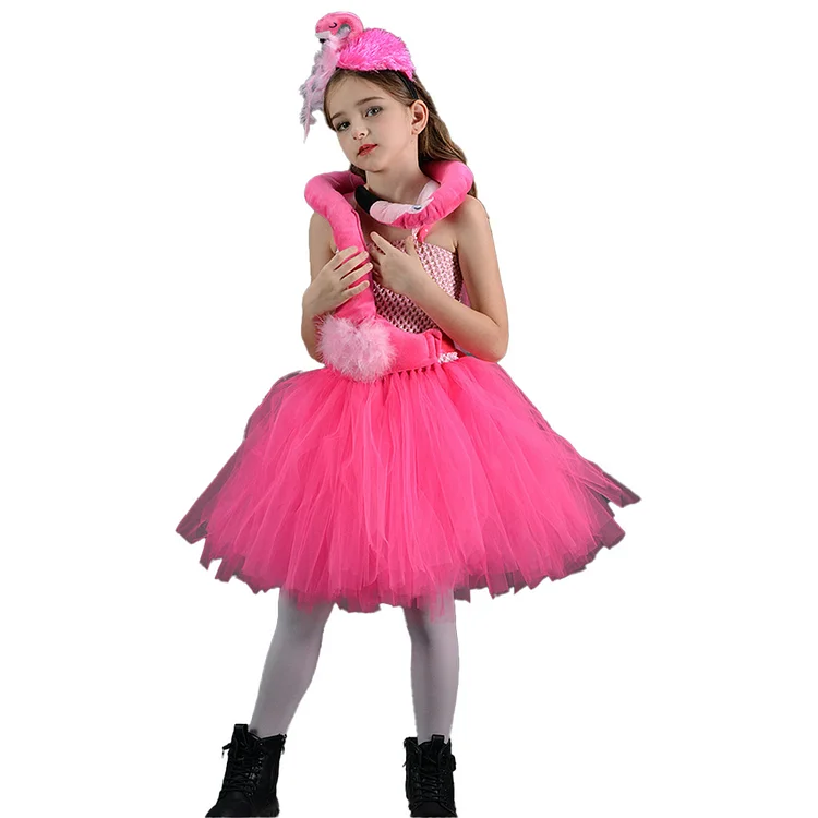 Kids Girls Flamingos Funny Animals Pink Tutu Dress Cosplay Costume Halloween Carnival Suit