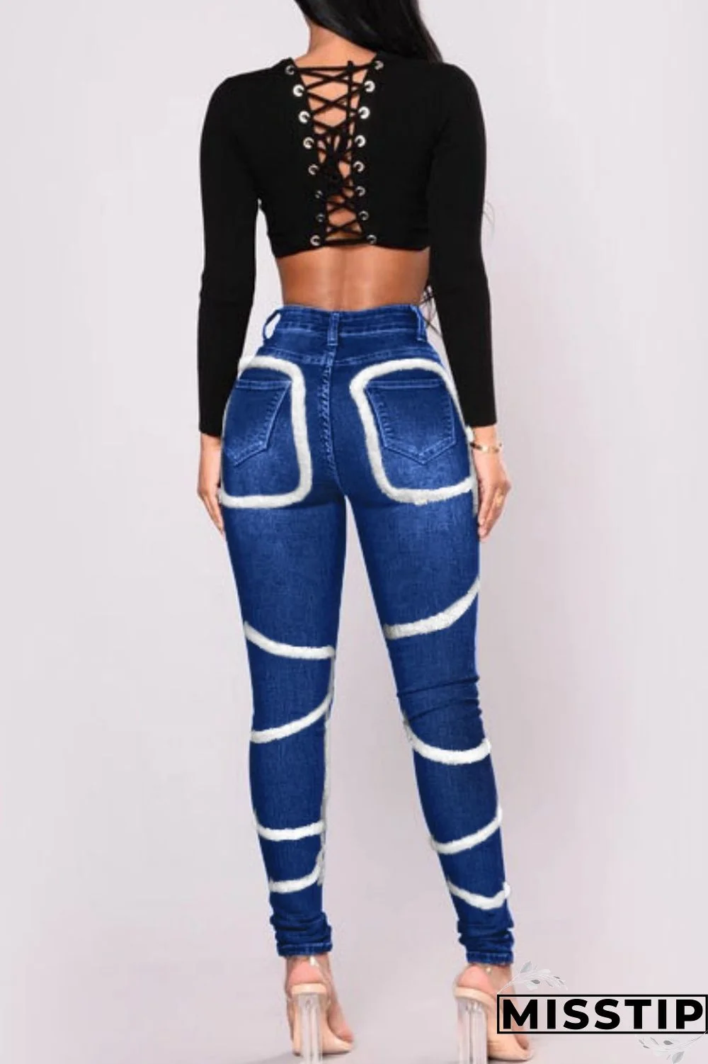 Light Blue Casual Solid Patchwork Mid Waist Regular Denim Jeans