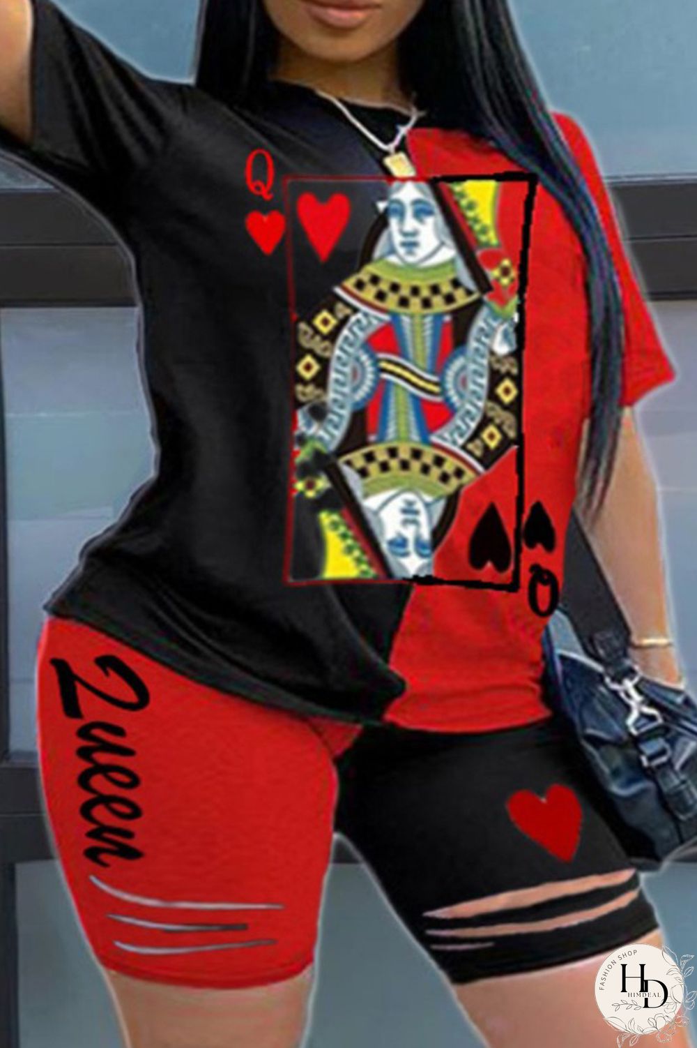 Black and red Fashion Casual Print Two Piece Suits O Neck Plus Size Two Pieces