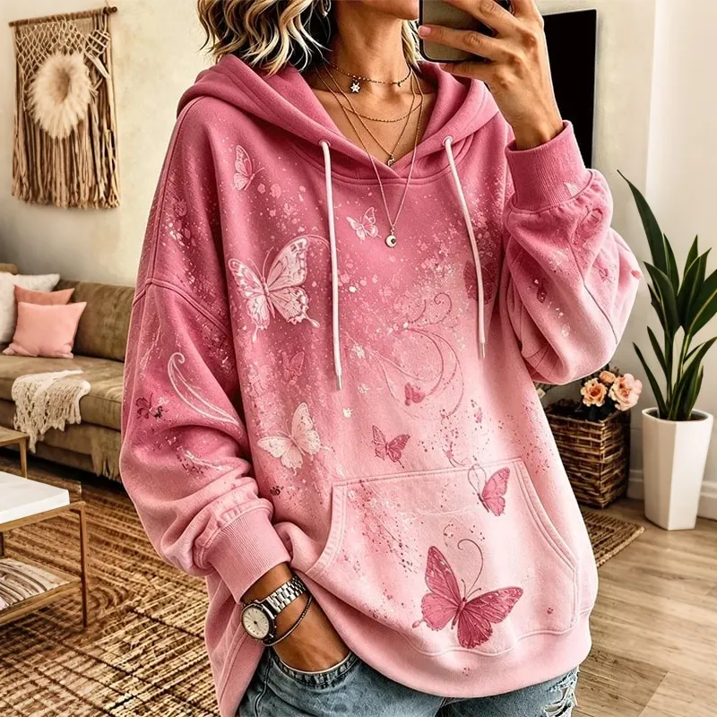 Comstylish Women's Pink Floral Butterfly Gradient Color Print Hoodie