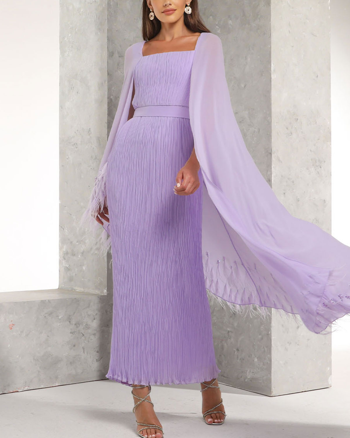 Asymmetric feather embellishment chiffon cape sleeve Pleated chiffon dress
