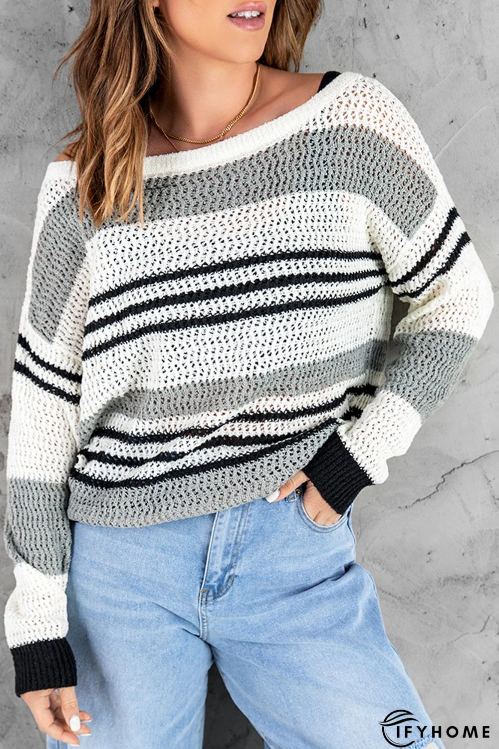 Gray Loose Fit Striped Pattern Sweater | IFYHOME