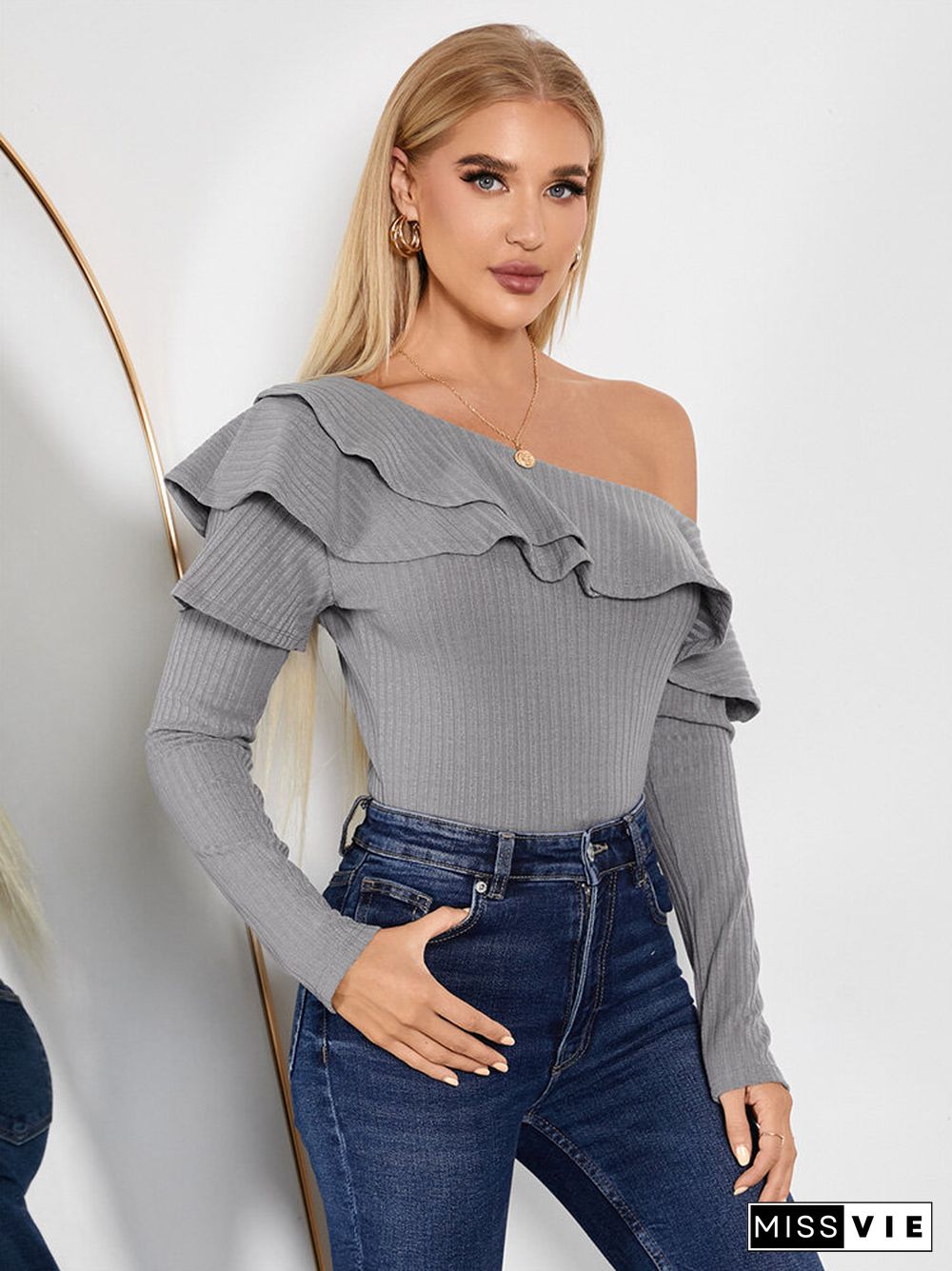 Solid Long Sleeve Off Shoulder Ruffle Knit T-shirt For Women