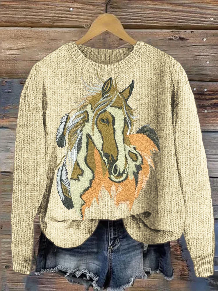 VChics Western Horse Print Cozy Knit Sweater