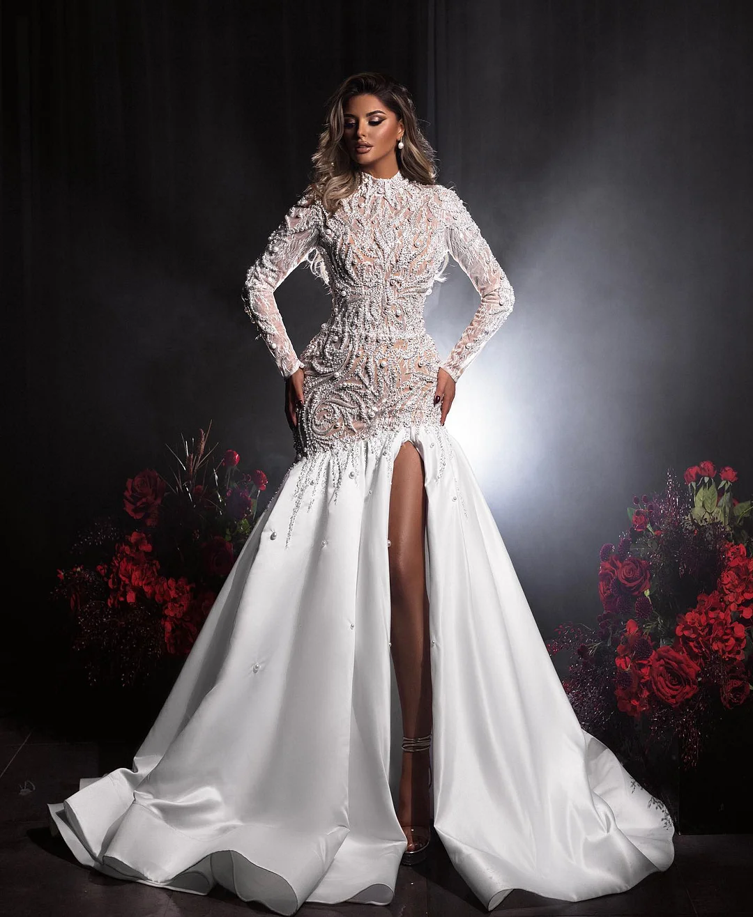 Miabel Glamorous White Long Sleeves Sheath Applique Long Prom Dress