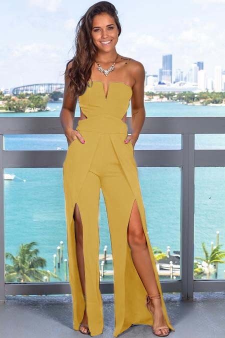 Chic Black Jumpsuit  Strapless Sleeveless Cutout Slit Long Wide Leg JP0007