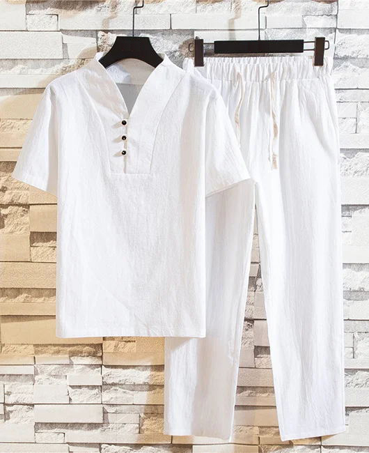 Vacation Linen V Neck Drawstring Shirt & Pant 2Pcs Set