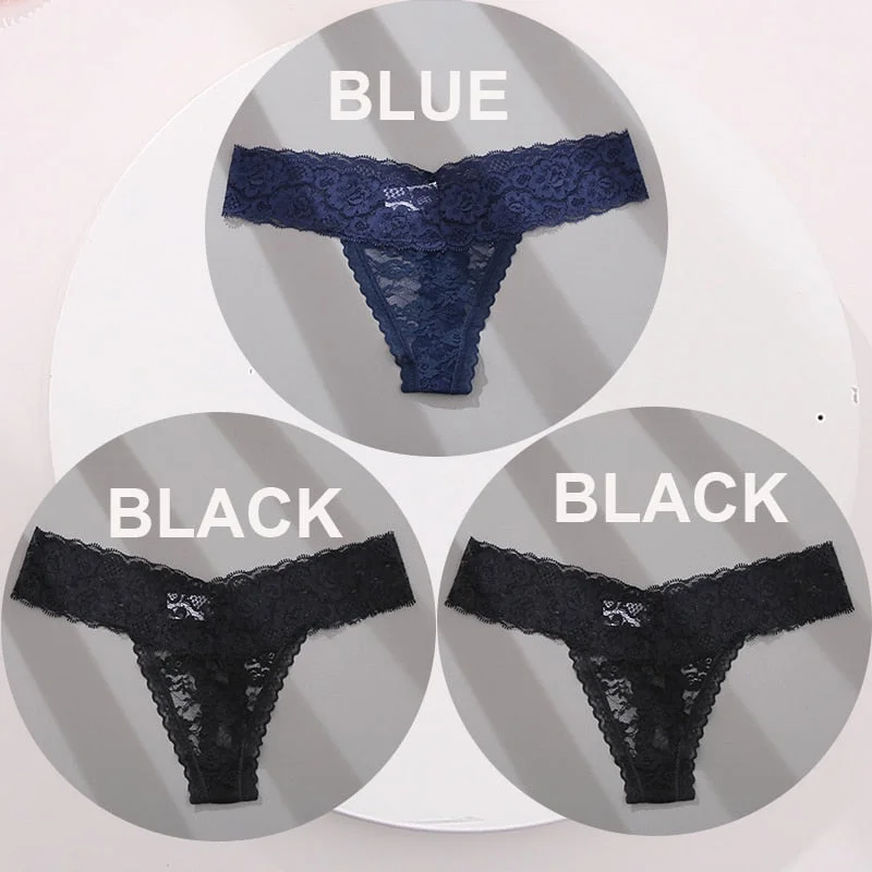 FINETOO 3PCS/Set M-XL G-string Thong Panties for Woman Sexy Lace Floral Underwear Transparent Women's Underpants Female Lingerie