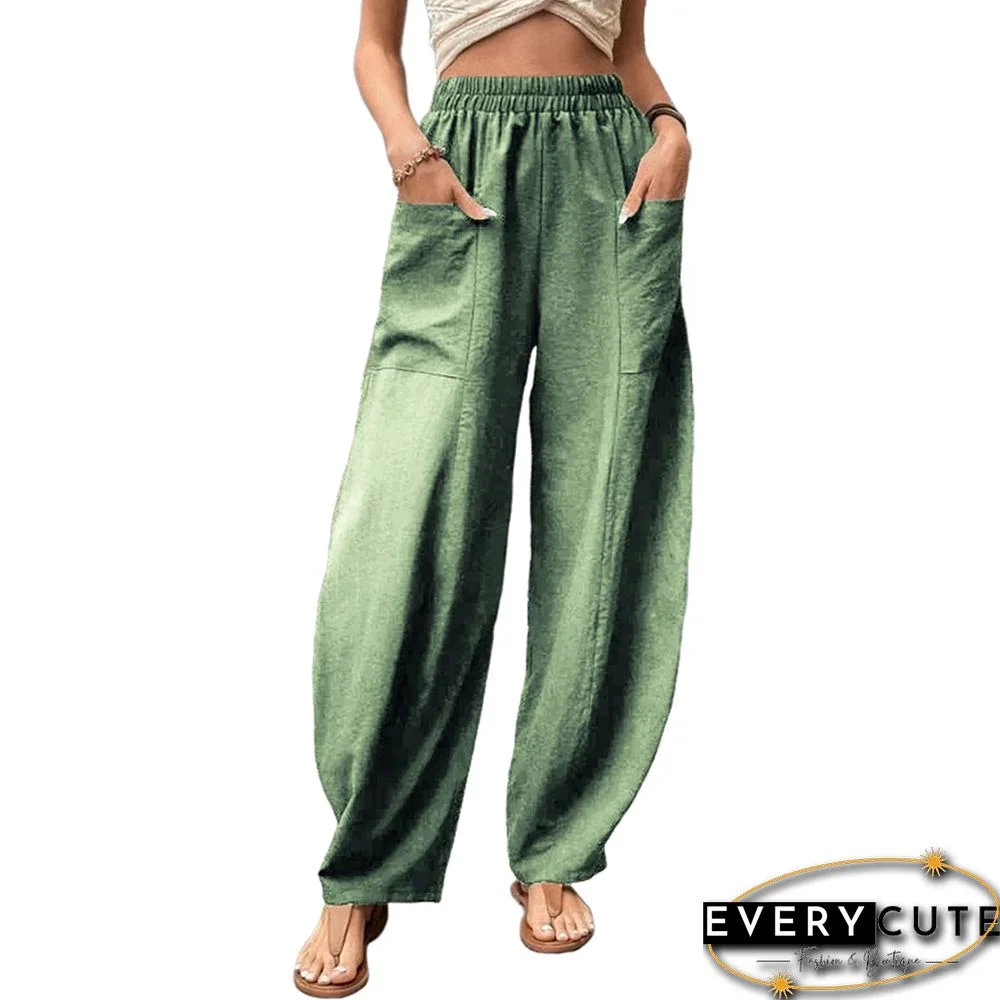 Grass Green Solid Elastic Waist Pocket Casual Pants