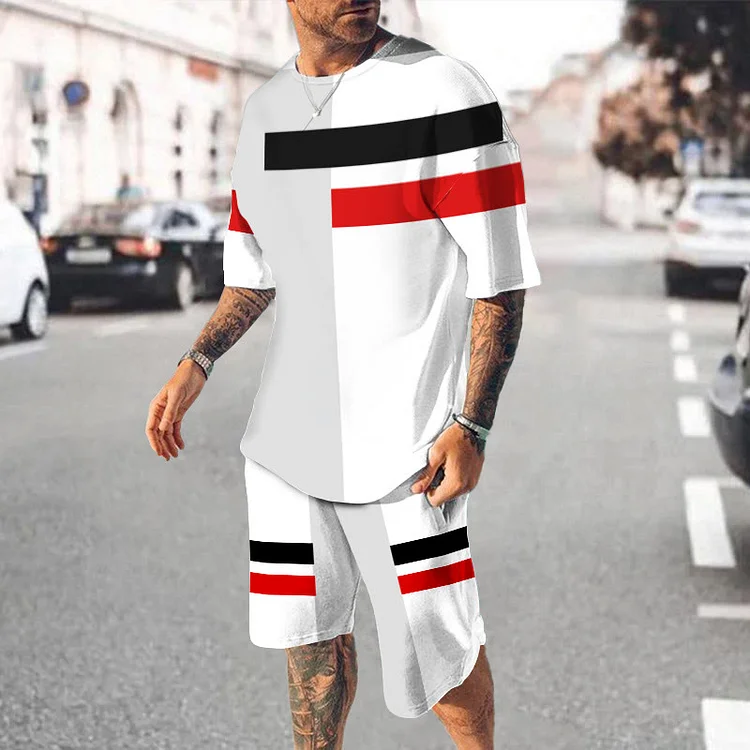 BrosWear Casual Colorblock Line Print Crew Neck T-Shirt And Shorts Co-Ord