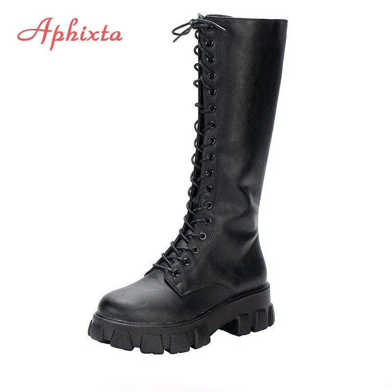 Aphixta 2020 Winter Shoes Women's Long High Boots White PU Leather Knee High Boots Female Fashion Lace Up Platform Botas Mujer