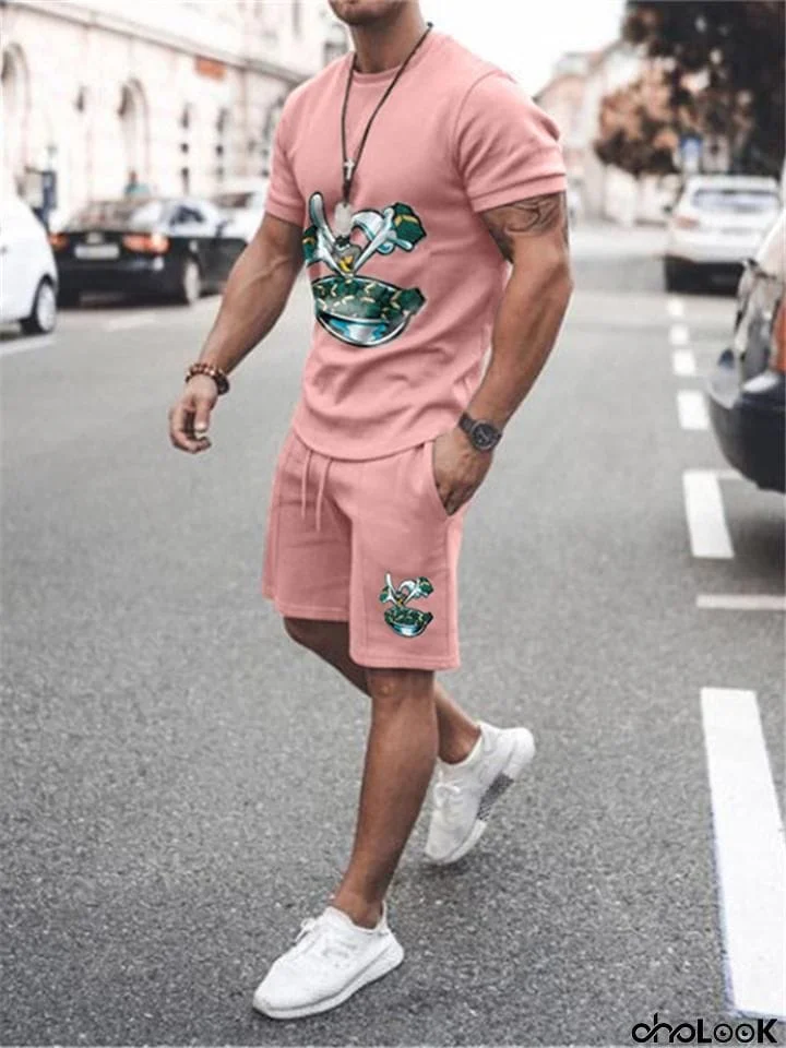 Mens Comfy Printed Cotton 2 Piece Sets Short Sleeve T-Shirts+Shorts