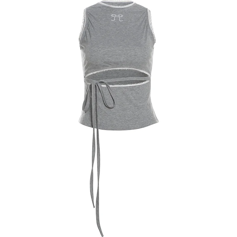 Ueong Ueong Summer New Women's Round Collar Sleeveless Hollow Strap Waist Slim Solid Color Small Vest