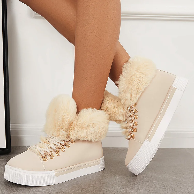 Platform Lace Up Warm Fur Lined Sneakers Flat Ankle Boots