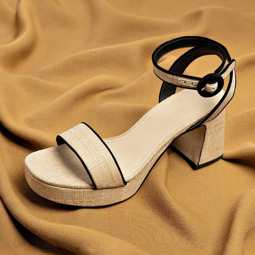 Beige Raffia Ankle Strap Block Heel Platform Sandals with Buckle