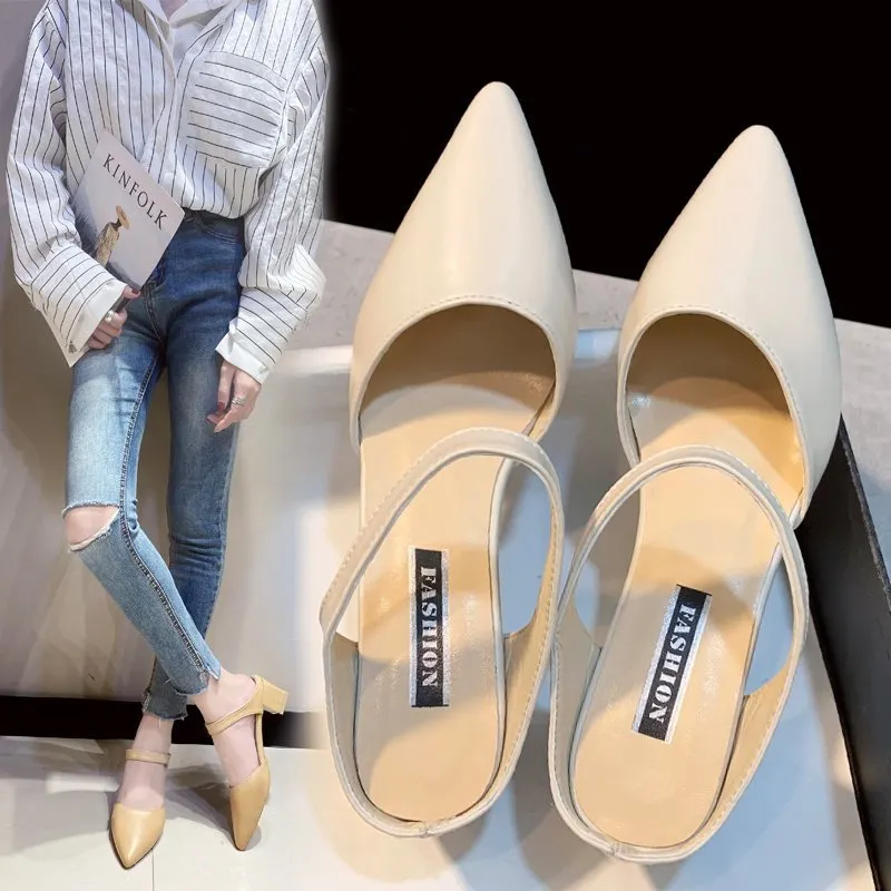 Breakj Breakj Korean Version Of The Bag Head With Cold Slippers Women Sharp-Tip Word Thick Half-Slipper With Sandals High Heels
