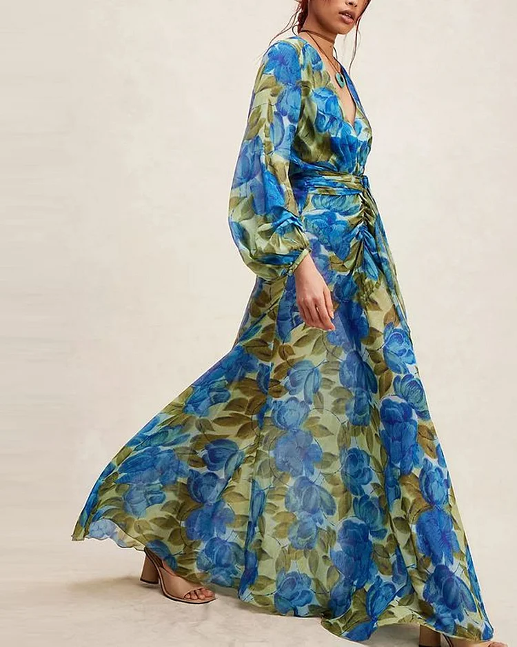 Romantic Pastoral Floral V-Neck Long Dress