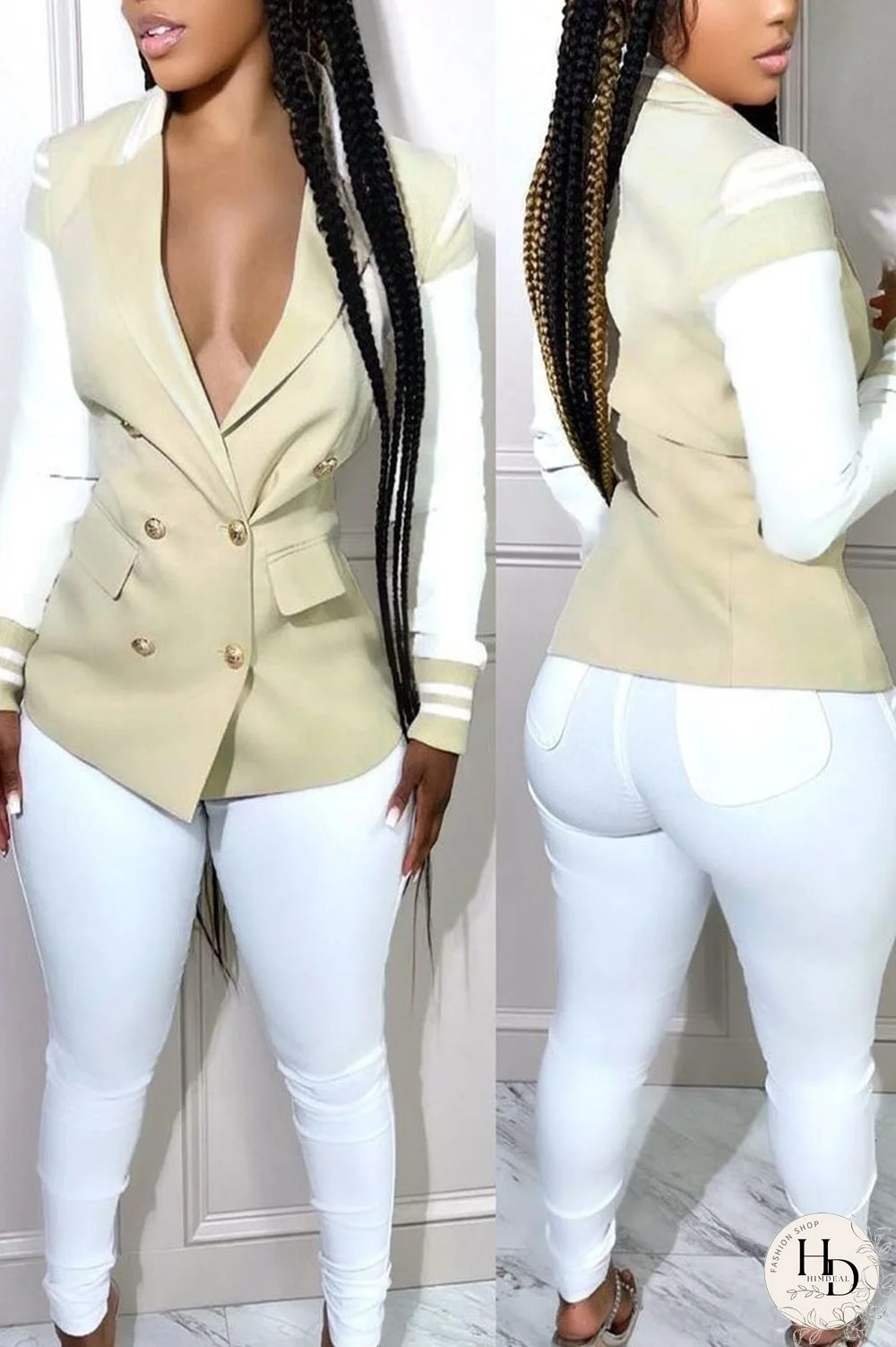 Khaki Casual Solid Patchwork Buttons Turn-back Collar Long Sleeve Two Pieces
