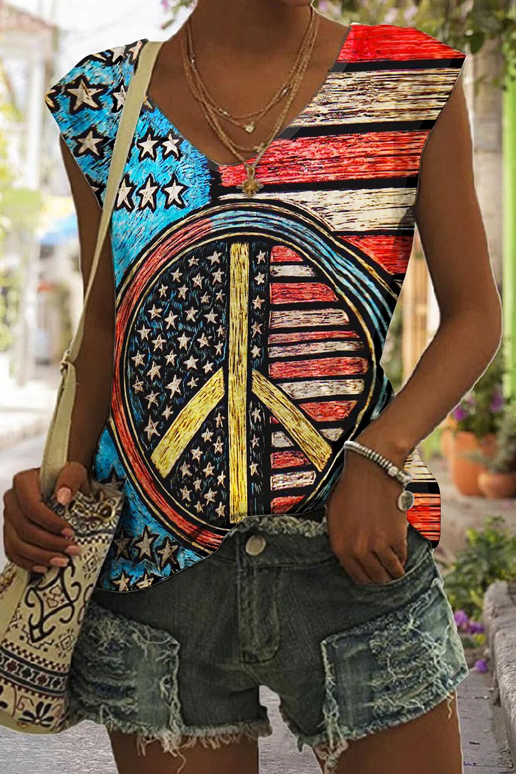 🔥kukelife🔥Hippie Chic Tie Dye Fantasy American Flag Peace and Love Print V-Neck Tank Top